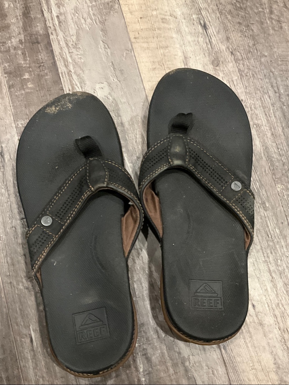 Reef Men’s Black and Brown Leather-Trim Flip-Flops